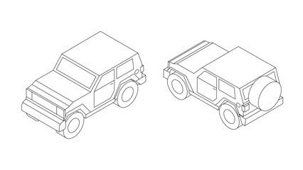 off-road car isometric coloring contour isolated vector set