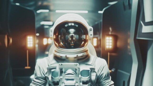 Slow motion lonely astronaut walking through bright corridor of a spaceship or space station in zero gravity. Cinematic sci-fi footage. Science fiction movie scene. Sad farewell scene. 