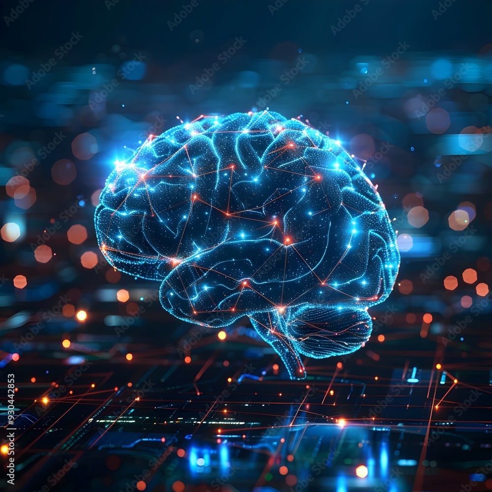 Poster futuristic brain integrated into holographic display representing advanced intelligence