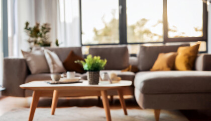Obraz premium Blurred interior of living room with sofa and armchairs
