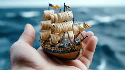Obraz premium A person holding a small model of an old sailing ship, AI