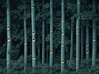 Obraz premium A dense forest at twilight with hidden eyes camouflaged among the trees, inviting viewers to find them in a mysterious eye spy game, hidden nature, elusive discovery