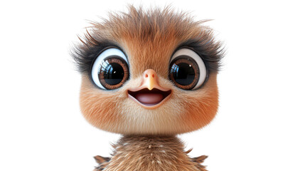 Realistic 3d render of a happy, furry and cute baby Peacock smiling with big eyes looking strainght