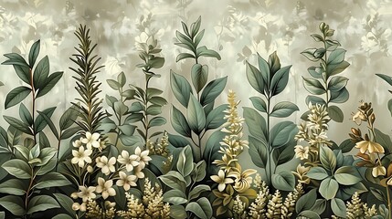 Seamless herb garden wallpaper featuring hand-drawn vintage illustrations of rosemary, sage, and thyme, soft earthy green background, rustic greenery, natural light, intricate details,