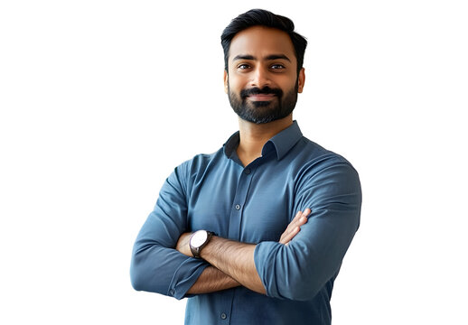 Happy Indian businessman professional leader standing arms crossed in office. Smiling male employee, business man company executive manager, confident eastern entrepreneur at work, 