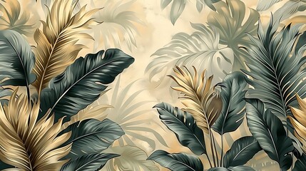 Seamless tropical fern wallpaper featuring hand-drawn vintage illustrations of large, lush fern fronds, textured earthy background, natural light, intricate details, seamless design, hd quality.