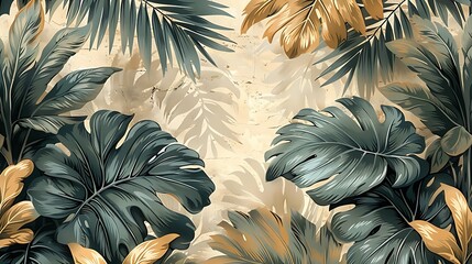Seamless tropical fern wallpaper featuring hand-drawn vintage illustrations of large, lush fern fronds, textured earthy background, natural light, intricate details, seamless design, hd quality.
