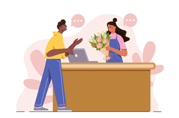 Man in flower shop. Young guy buys bouquet of flowers. Romantic gift and present. Bloom and blossom plants. Aesthetics and elegance. Flat vector illustration isolated on white background