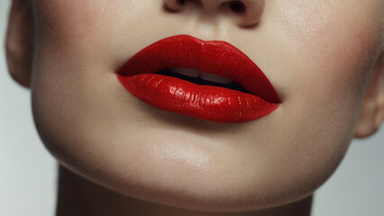 Naklejka premium close up lips of woman,Woman's lips, square chin, bright red lipstick, angle tilted to the model's left. Beautiful bright color pictures