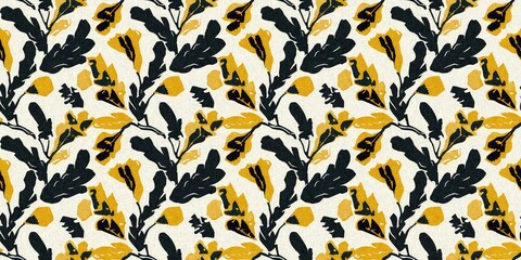 Modern printed fabric flower block print pattern with linen texture effect. Stylized boho dark floral for chic fashion background motif border design.