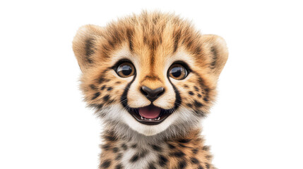 Obraz premium Realistic 3d render of a happy, furry and cute baby Cheetah smiling with big eyes looking strainght