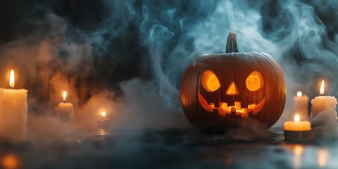 Naklejka premium Spooky Halloween Pumpkin with Candles created by ai