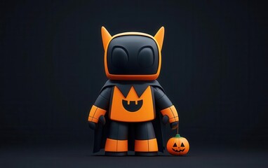 Robot in a vampire costume, trick-or-treating on a futuristic Halloween night, flat design illustration