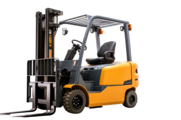 Electric pneumatic forklift moves through rough outdoor terrain, white background.