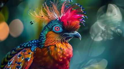 Fototapeta premium An exotic bird with vibrant plumage, showcasing intricate feather patterns and brilliant colors. 