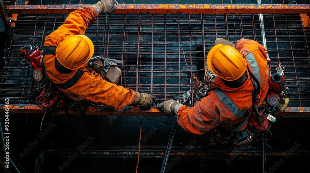 Poster construction crew assembling scaffolding, workers collaborating on site preparation, ensuring safe a
