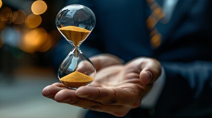 Sand falling in a person hand. Hourglass clock or watch time passing by concept, business deadline management, fast, calendar, past, future, patience, save