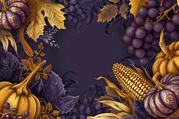 A Thanksgiving banner with a luxurious golden and deep purple color scheme, a detailed illustration of a bountiful harvest with pumpkins, corn, and grapes