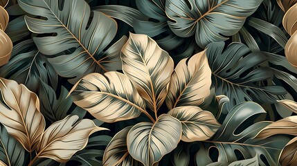 Seamless wallpaper design of tropical foliage, including detailed illustrations of palm leaves, monstera, and banana plants, soft earthy tones, vintage style, lush and vibrant, hand-drawn,