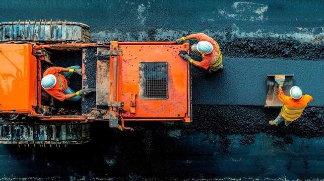 Asphalt Paving Team, Dedicated crew diligently laying asphalt on a busy highway, enhancing infrastructure, showcasing teamwork and effort in road improvement.