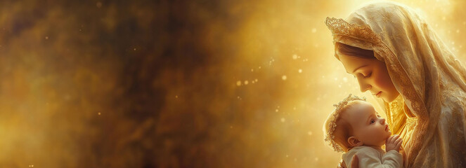 portrait of a Virgin Mary and baby Jesus.  Abstract light background, with copy space for text. For christmas, easter, banner, design, Virgin Mary mother of Jesus