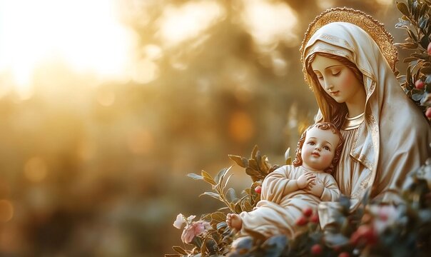 portrait of a Virgin Mary and baby Jesus.  Abstract light background, with copy space for text. For christmas, easter, banner, design, Virgin Mary mother of Jesus