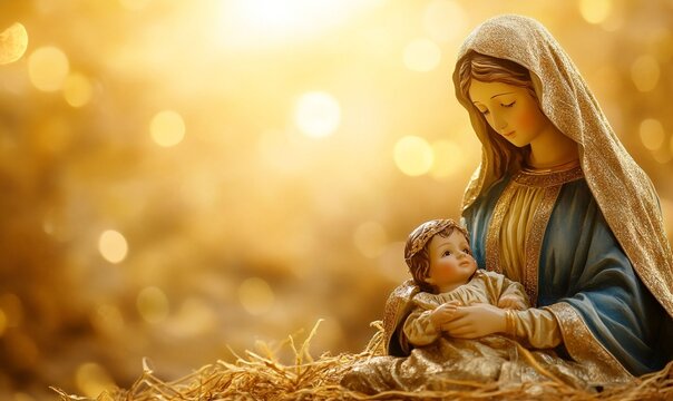 portrait of a Virgin Mary and baby Jesus.  Abstract light background, with copy space for text. For christmas, easter, banner, design, Virgin Mary mother of Jesus