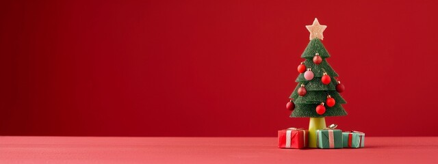 horizontal banner of Christmas tree and presents on the right, red isolated background. Copy space for text. For, design, sale, social media, blog, cover,  shop, wallpaper, thumbnail, youtube, etsy