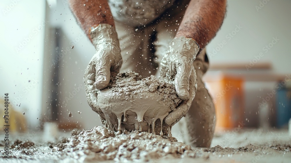 Poster cement application process, worker skillfully spreading wet cement over a surface, ensuring even cov