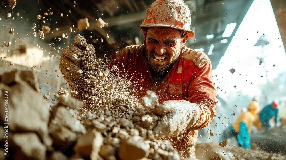 Poster worker adding aggregate to cement mix, enhancing concrete strength, improving durability, constructi