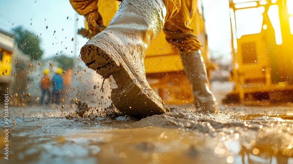 Poster worker applying cement layer, a laborer meticulously spreading wet cement over a structure, ensuring
