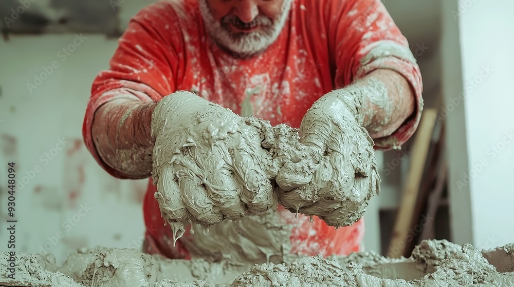 Poster cement application by worker, laborer skillfully coating a structure with wet cement, ensuring even 
