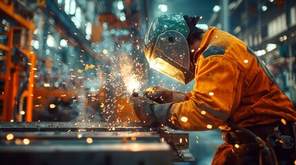 Fototapeta premium Welding Steel Components, skilled workers fusing metal parts for a stable structure in an industrial construction site, showcasing teamwork and precision in a dynamic environment