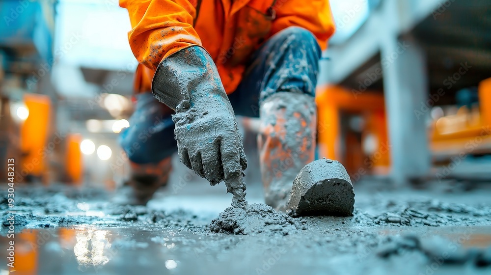 Poster cement pathway construction, worker pouring and shaping concrete for a durable walkway, enhancing in