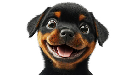 Obraz premium Realistic 3d render of a happy, furry and cute baby Rottweiler smiling with big eyes looking strainght