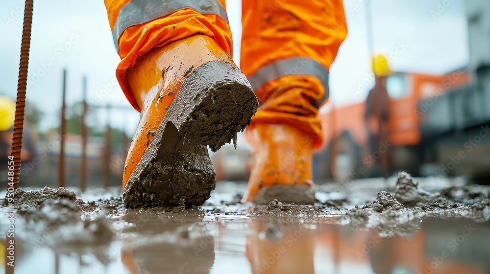 Poster worker embedding steel bars into wet cement for structural support, focused on reinforcing concrete 