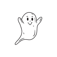 Cute nice smiling ghost spook in black isolated on white background. Hand drawn vector sketch illustration in doodle engraved vintage line art style. Happy Halloween symbol, horror.