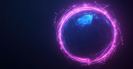 Obraz premium Abstract futuristic glowing neon purple-blue sphere with particles and energy, dark background.