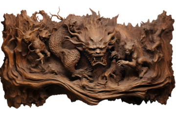 Close-up photo of wood carving, isolated on white background.