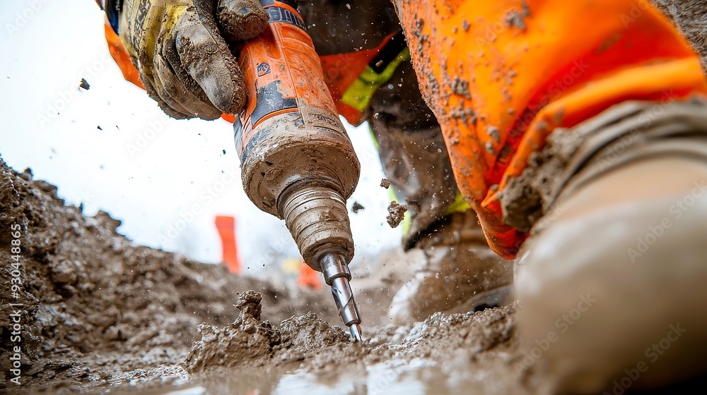 Poster construction site worker using power tools, drilling into concrete, focused on equipment usage, surr