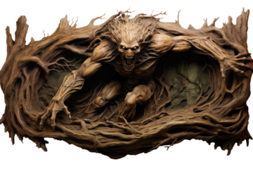 Close-up photo of wood carving, isolated on white background.