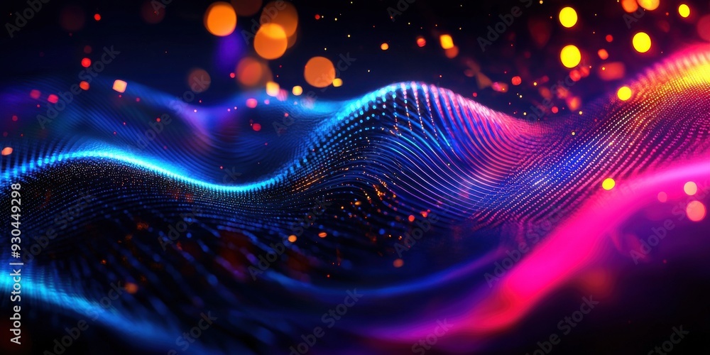 Poster vibrant abstract waves of color create a dynamic, flowing visual with luminous highlights, perfect f