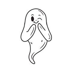 Cute nice smiling winking ghost spook in black isolated on white background. Hand drawn vector sketch illustration in doodle engraved vintage line art style. Happy Halloween symbol, horror.