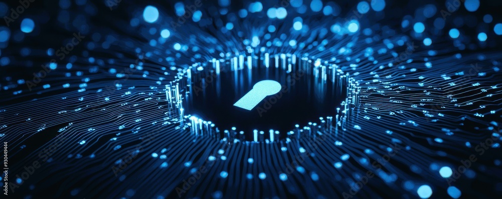 Poster a captivating digital lock symbol surrounded by glowing blue particles, representing cybersecurity a