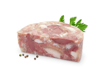 Piece of salceson (brawn or headcheese) isolated on white background. Traditional sausage from meat, lard, skins and spices. 