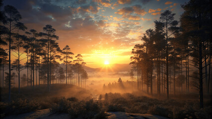 Naklejka premium Panoramic forest sunset sky of clouds with beautiful tones on nature