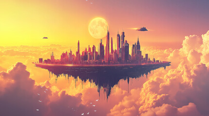 Naklejka premium dreamy illustration, a futuristic city floating in whimsical sky