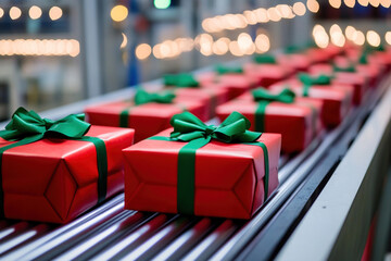 Conveyor belt is moving the boxes with bows along processing line. Industrial present holiday gift production concept. Christmas and New Year presents on a conveyor belt in a fish processing plant