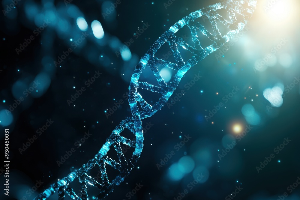 Poster a close-up view of a dna double helix structure, showcasing intricate details and glowing elements i