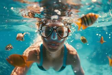 Naklejka premium Diving with fish in the ocean